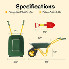 Kids wheelbarrow set with green bin, yellow frame, and shovel and scoop accessories