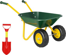 Kids wheelbarrow cart with green bin, yellow frame, and two black tires with yellow hubs