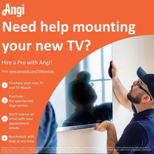 TV mounting assistance graphic with technician installing a TV on wall