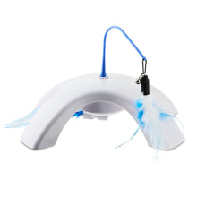 White electronic cat toy with blue wand and fluffy blue feather swatter on a curved base