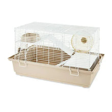 Split-level hamster habitat with running wheel and white wire enclosure, light beige base