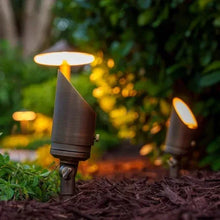 Brass low-voltage outdoor LED spotlight with glowing head and spike stake