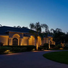 Low-voltage outdoor LED spotlight lit along a walkway with ground spike