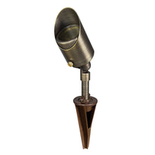 Brass low-voltage LED outdoor spotlight with ground spike and angled light head