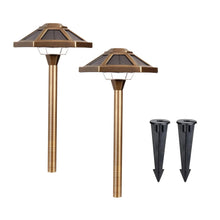 Solid brass solar path lights, hex lantern heads with tapered stakes, 2-pack