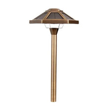 Solid brass solar path light with hex lantern head and tapered stake