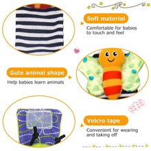 Striped sock rattle fabric with Velcro fastening and animal-face panel