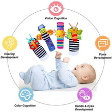 Set of colorful striped baby foot and wrist rattles with character faces