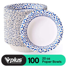 Disposable paper bowl set with blue patterned rim and speckled design, 20 oz