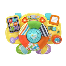 Baby driver toy with yellow plastic console, colorful buttons, and plush spinning ring