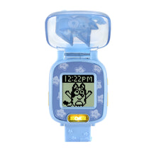 Blue digital wrist watch with closed cover and LCD screen with pixel display