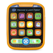 Orange and black learning tablet toy with colorful square buttons and blue center dial