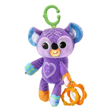 Purple koala clip-on stroller plush toy with green hook and orange ring toy