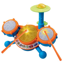 Three-piece kids drum set with orange pads, yellow center drum, and blue stand
