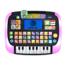 Pink-lit light-up learning tablet with keyboard keys, vtech, and apple-themed screen