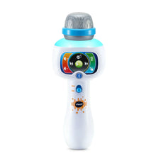 White karaoke microphone toy with blue band, gray speaker top, and colorful control screen