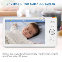 VTech parent monitor tablet with 7-inch screen showing baby sleeping