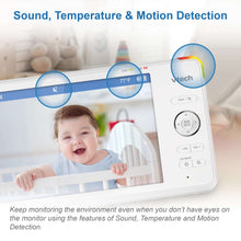 VTech parent monitor showing baby face with temperature and motion icons