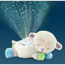 Cream sheep soother plush with starry sound disc and glowing light rays
