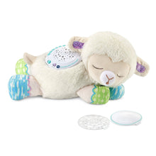White and blue plush sheep soother with starry baby sound disc attachment