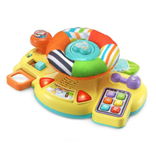 Baby driver toy side view with striped plush ring, lighted buttons, and purple knob