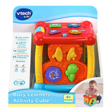 Busy Learners activity cube toy box showing red top, buttons, and play panel