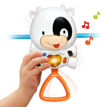 Panda activity bar toy with orange tripod base and handheld sound panel