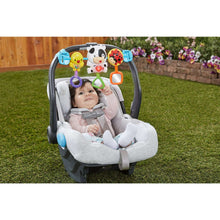 Activity bar attached to baby stroller with panda, chick, and ladybug hanging toys