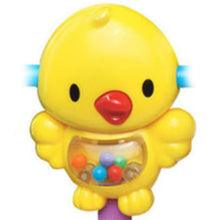 Yellow chick activity toy with bead window and smiling face