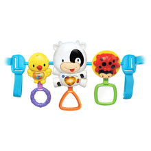 Baby activity bar with panda, chick, and ladybug toys plus rings and blue grips