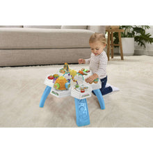 Baby activity table with interactive animal toys, blue legs, and activity buttons