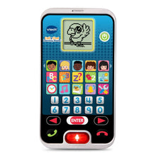 VTech learning phone toy with blue screen, colorful icons, and number keypad
