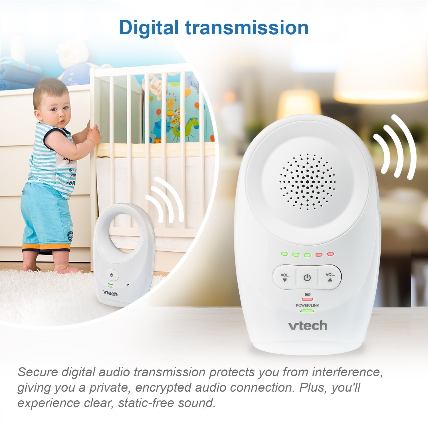 VTech DM1111, Enhanced Range Digital Audio Baby Monitor, 1 Parent Unit, White