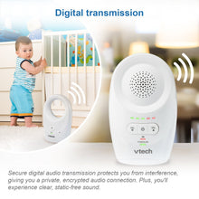 White baby monitor units with speaker grille and wireless signal range indicators