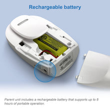 White parent unit with open rechargeable battery compartment and battery installed