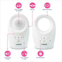 White digital baby monitor units with speaker grille, volume controls, and power indicator