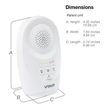 White parent baby monitor unit with speaker grille and volume control buttons