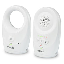 White digital audio baby monitor parent and baby units with speaker grille and control buttons