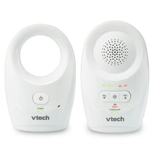 White digital audio baby monitor parent and baby units with speaker grille and buttons