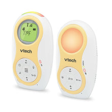 VTech digital audio monitor pair, green display unit and orange lit unit with white and yellow casing