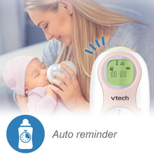 VTech baby audio monitor showing green display on handheld yellow-and-white unit