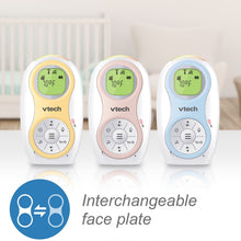 VTech digital audio monitors with interchangeable face plates: green, pink, and blue