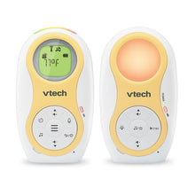 VTech digital audio monitor with green screen and yellow and white body, handheld control buttons
