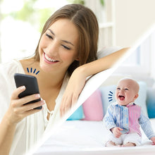 Video baby monitor on a smartphone app, with smiling parent and baby