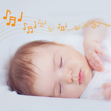 Sleeping baby with music notes overlay, indicating monitor audio