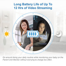WiFi baby monitor parent unit with screen showing baby video and battery indicator
