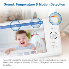 Baby monitor parent unit screen showing sound, temperature, and motion detection