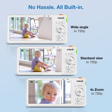 Baby monitor parent unit screens showing wide-angle, standard view, and zoom