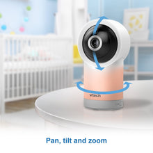 Pan-tilt baby monitor camera on base with arrows showing movement