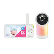 White VTech pan-tilt baby monitor camera and parent display screen